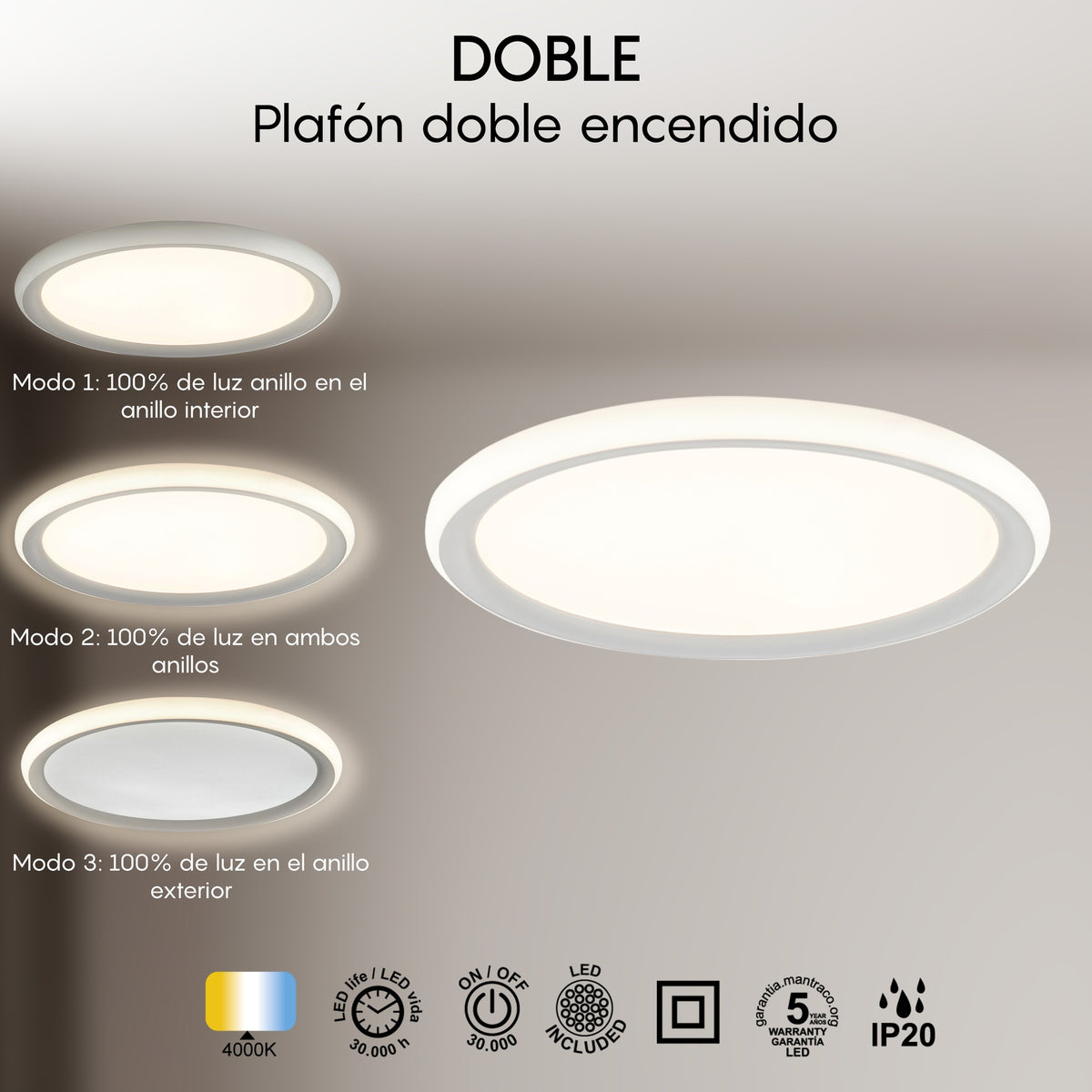Mantra DOBLE stropna svjetiljka LED 48W 4000K 50CM BIJELA