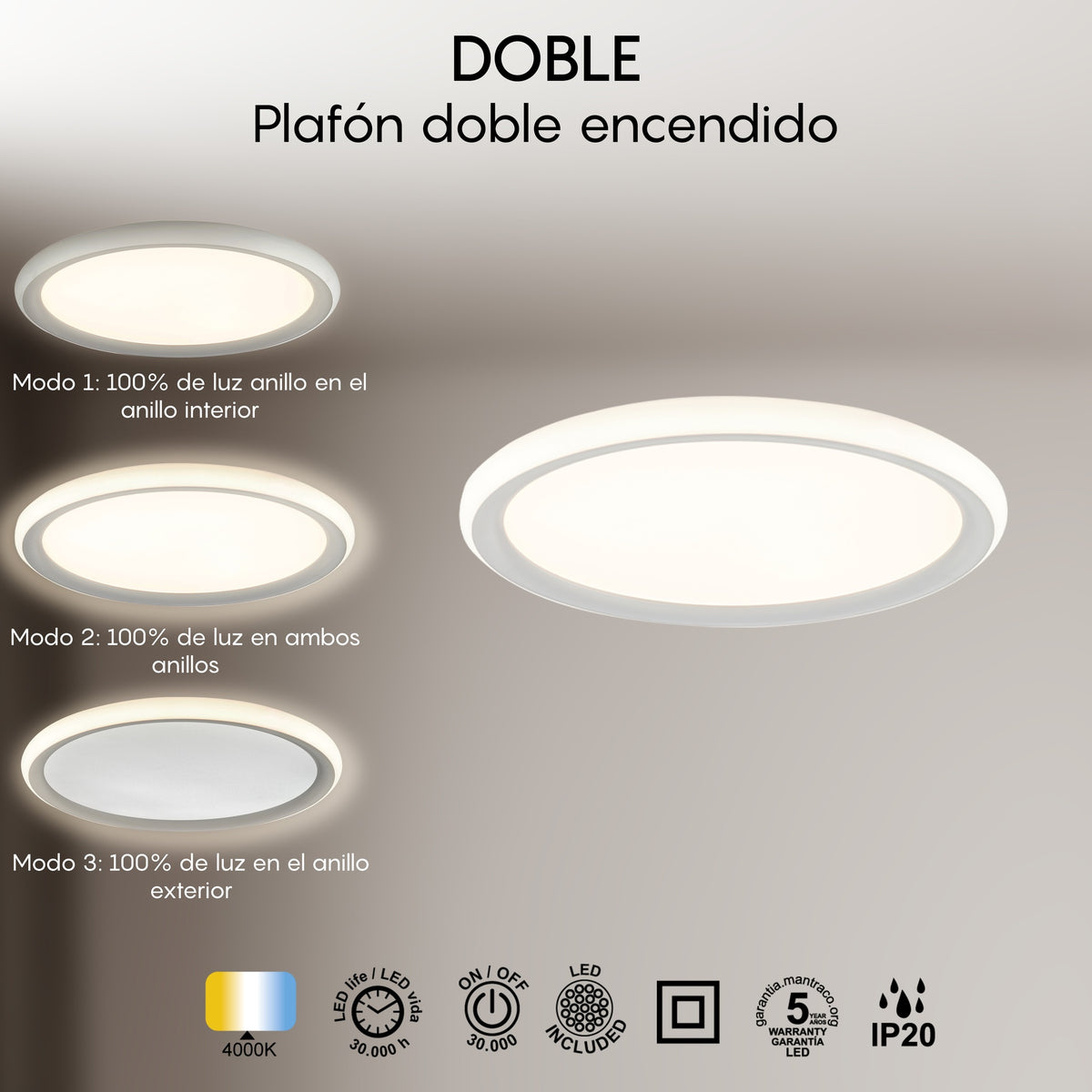 Mantra DOBLE stropna svjetiljka LED 36W 4000K 40CM BIJELA