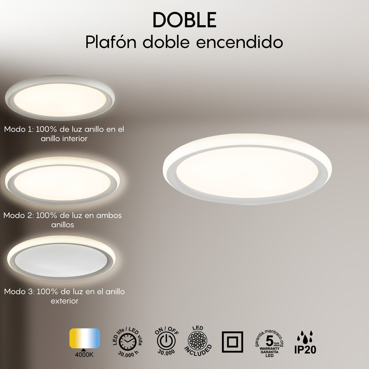 Mantra DOBLE stropna svjetiljka LED 24W 4000K 30CM BIJELA