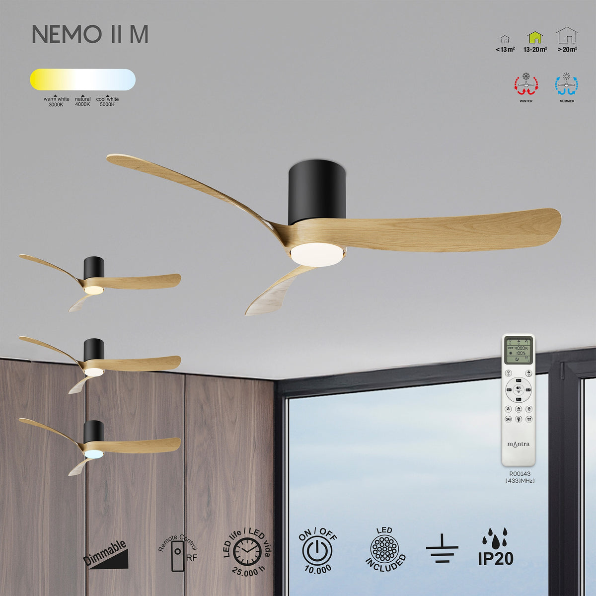 Mantra NEMO II M stropni LED ventilator 122cm DRVO/CRNA