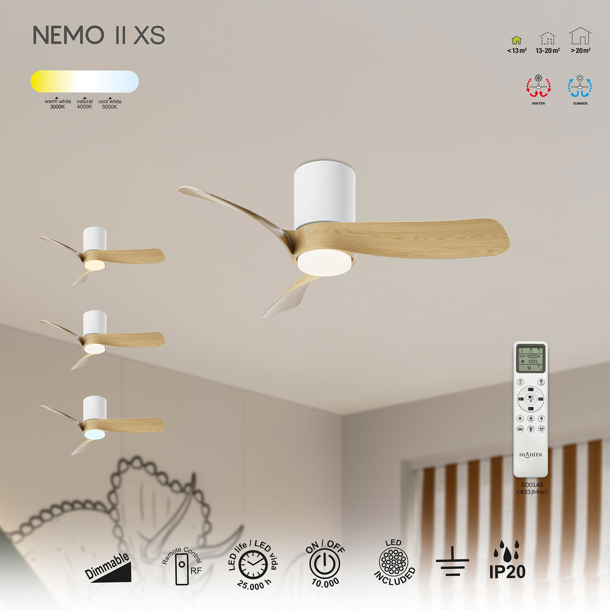 Mantra NEMO II XS stropni LED ventilator 72cm DRVO/BIJELA