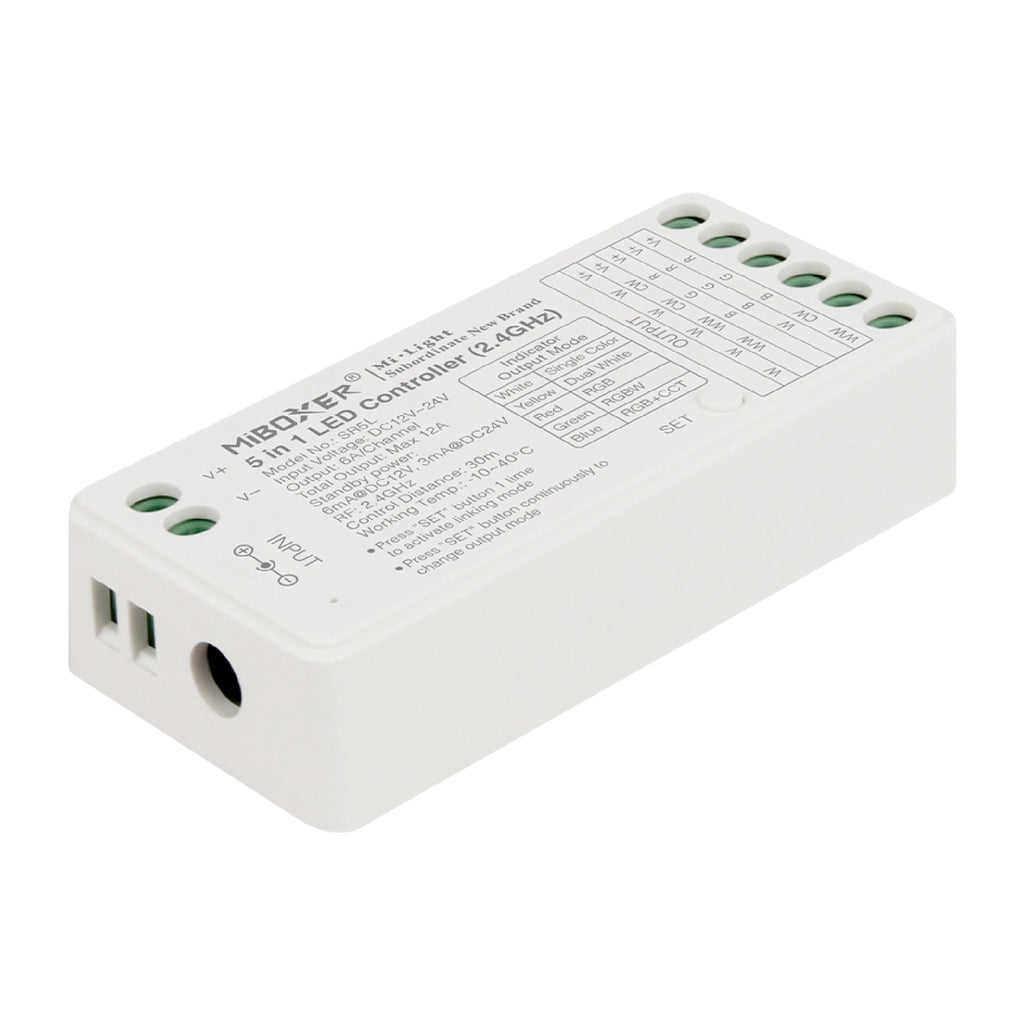 MONO/CCT/RGBW LED prijamnik i kontroler 5-u-1, 2.4GHz, 12V-24V, 12A