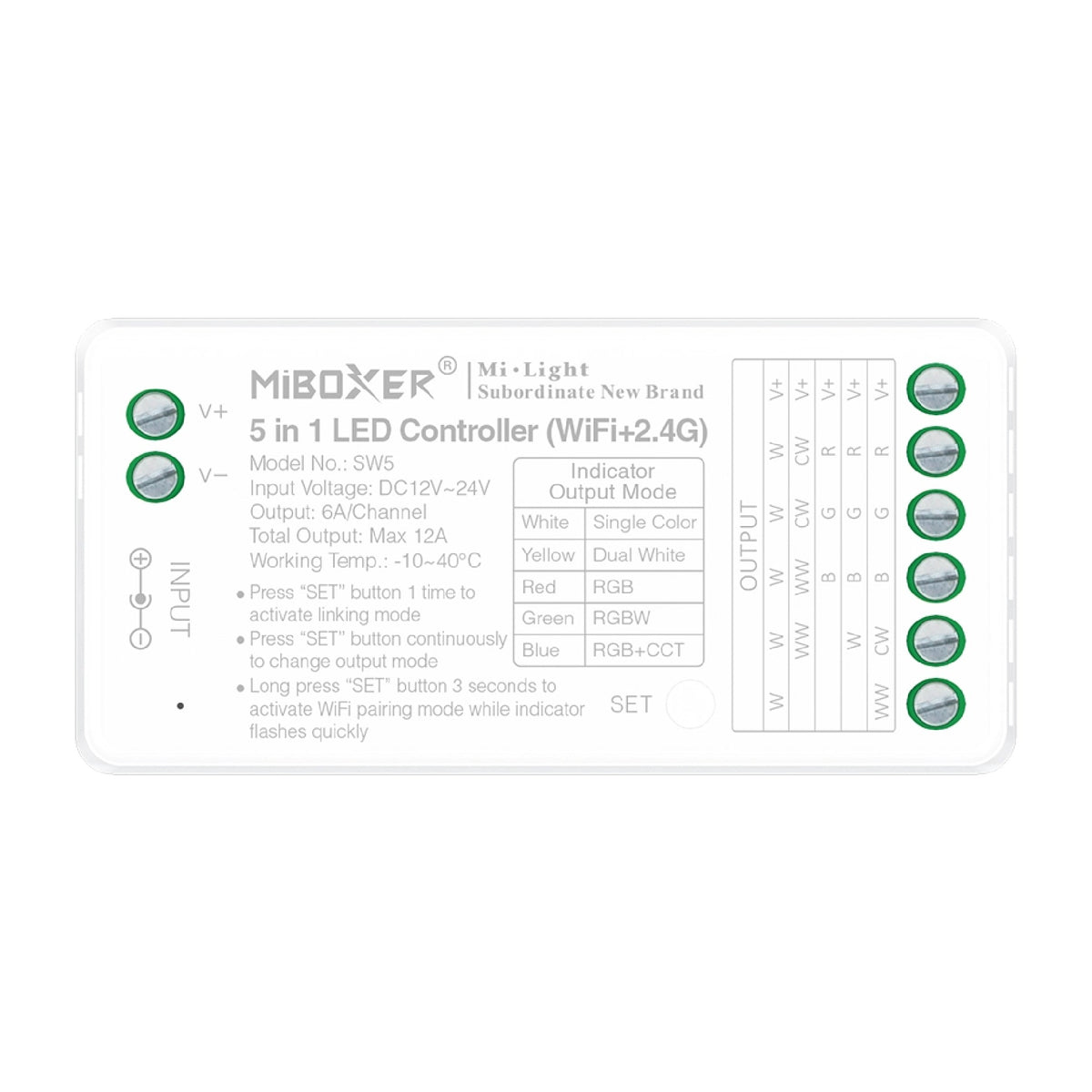 MONO/CCT/RGBW LED prijamnik i kontroler 5-u-1, 2.4GHz/WiFi, 12V-24V, 12A