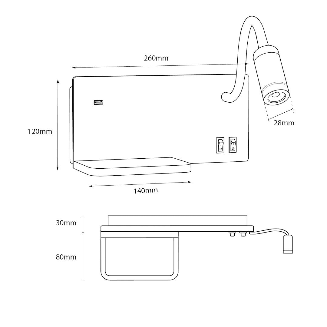 Noćna lampa s policom SHELF Led 4W+5W+2W desna bijela