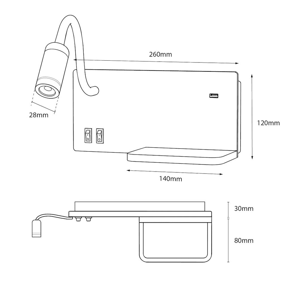 Noćna lampa s policom SHELF Led 4W+5W+2W lijeva Crna