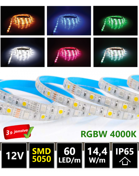 PROFESIONALNA LED TRAKA, SMD 5050, 60LED/m, 12V, 14,4W/m, RGB-W 4000K, IP65, 5m